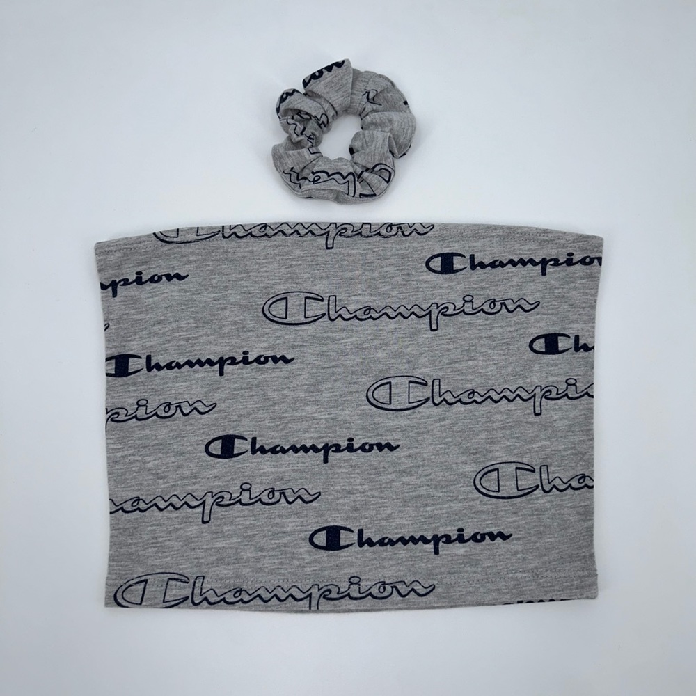Reworked 1/1 Champion Tube Top and Scrunchie Set Gray and Blue Medium